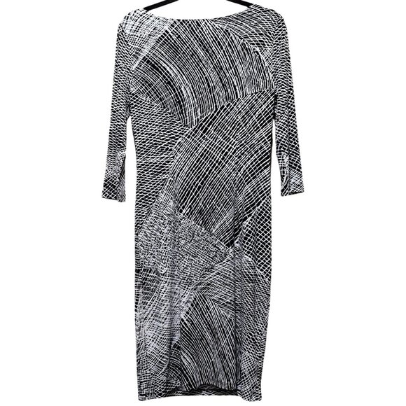 Anne Klein Size 6 Black & White Abstract Print Sheath Dress With Draped Neckline - Picture 2 of 8
